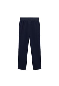 Námornícky modré športové nohavice so širšími nohavicami, elastickým pásom a bočnými pruhmi. Vyrobené z hladkej, ľahkej tkaniny.