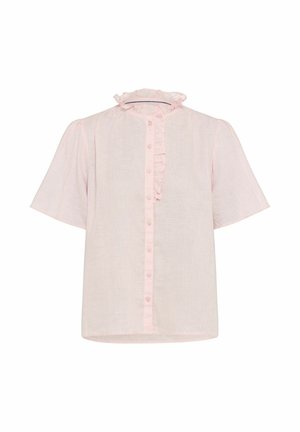 Lyserød kortærmet bluse med flæset krave og knaplukning foran.