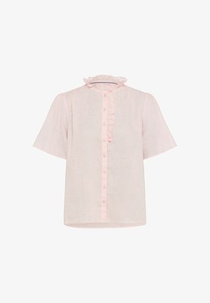 Light pink short-sleeve blouse with ruffled collar and button-down front detail.