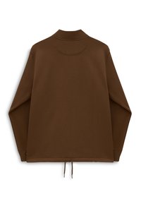Giacca pullover marrone con collo, maniche lunghe, orlo con cordino e una texture di tessuto liscia. Design semplice, senza modelli o accenti visibili.