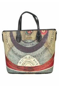 Tote bag met een gestructureerde stoffen oppervlak, versierd met een kleurrijk cirkelontwerp, zwarte leren handvatten en decoratieve tekstaccenten.