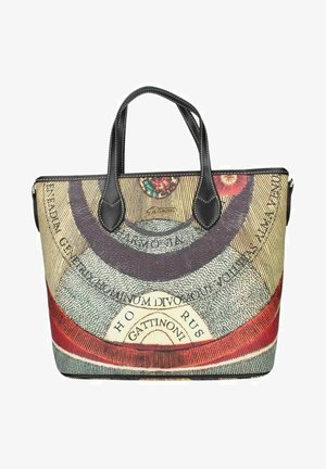 Tasche aus strukturiertem Stoff mit einem bunten kreisförmigen Design, schwarzen Ledergriffen und dekorativen Textelementen.