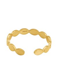 Bague en or avec un design ovale texturé et lié, présentant une finition polie. Forme de bande ouverte sans fermoir traditionnel.