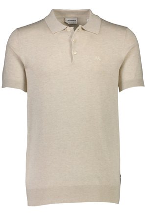 Beige polo paita, joka on valmistettu pehmeästä kankaasta ja jossa on ribatoiminen kaulus sekä lyhyet hihat. Varustettu kolmella napilla ja pienellä brodeeratulla logolla rinnassa.