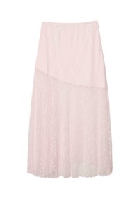 Jupe midi en dentelle rose clair avec une taille asymétrique et un motif floral, tissu fluide et semi-transparent.