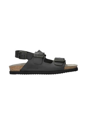 Sandale noire à bout ouvert avec deux boucles réglables sur le dessus du pied, une bride de cheville avec boucle, une semelle intérieure en liège et une semelle extérieure en caoutchouc noir texturé.