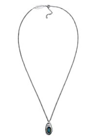 Zilveren ketting met een ovale hanger met een blauw-grijze edelsteen. Gelaagde hangerontwerp, met een strakke, moderne kettingstijl.
