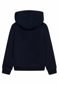 Felpa blu navy con cappuccio ampio, maniche lunghe e polsini a costine. Tessuto morbido e design pulito e semplice senza loghi visibili.