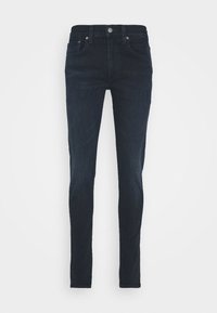 Smala jeans i mörk indigo denim, med medelhög midja, metallknappstängning och klassisk 5-fickorsdesign med en slät yta.