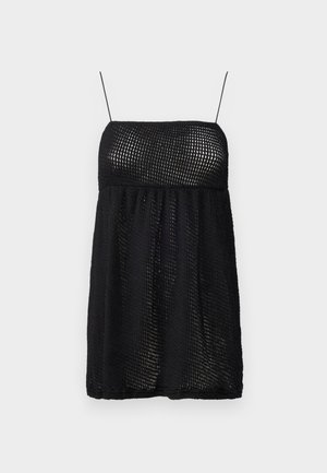 Black sleeveless dress with a fitted bodice and a flared skirt, featuring a textured mesh pattern and adjustable spaghetti straps.