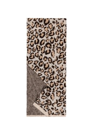 Leopardenmuster-Textil mit einem beigen Hintergrund, dunklen braunen Flecken und einem strukturierten braunen Akzent an einer Kante. Weiches, gewebtes Material.