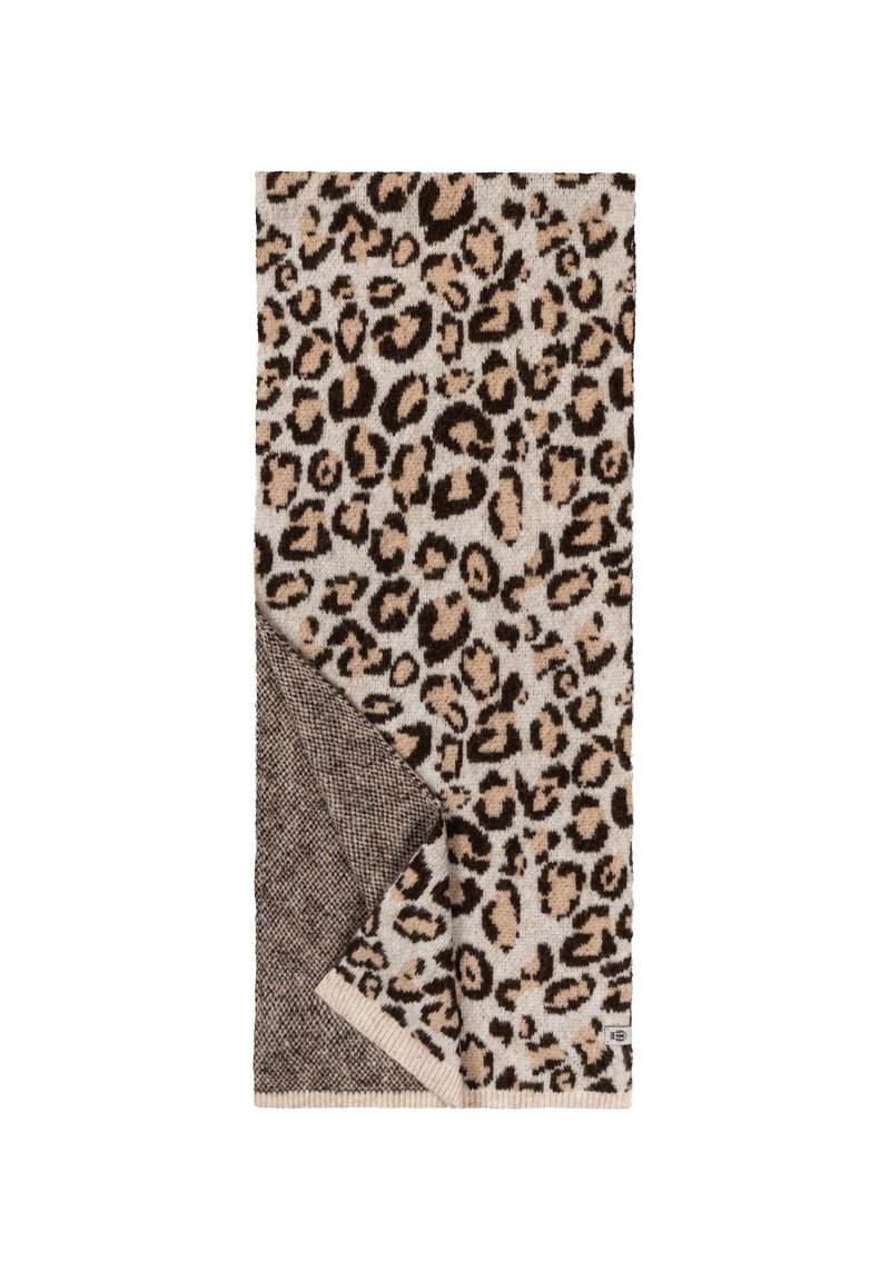 Leopard-patterned textile with a beige background, dark brown spots, and a textured brown accent on one edge. Soft, woven fabric.