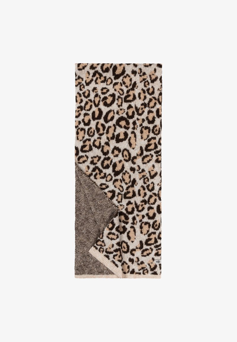 Leopard-patterned textile with a beige background, dark brown spots, and a textured brown accent on one edge. Soft, woven fabric.