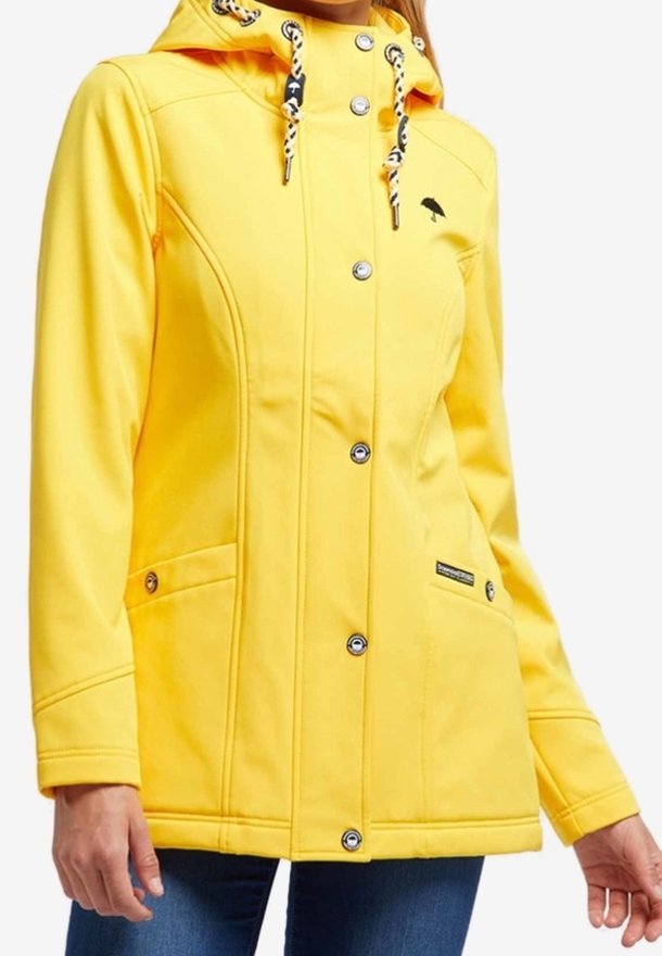Yellow waterproof jacket with a hood, silver snap buttons, black drawstrings, and side pockets; features a small logo on the chest.