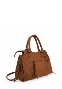 Sac à main en cuir marron avec surface texturée, doubles poignées, bandoulière réglable, poche avant et accessoires en métal doré.