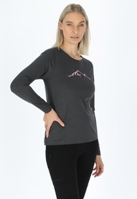 Grijze langemouwen shirt met een roze bergafbeelding op de borst. Soepele textuur, ronde hals en aansluitend ontwerp voor comfort.