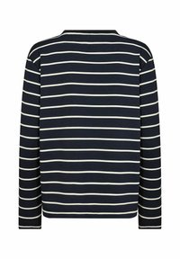 Navy long-sleeve shirt with white horizontal stripes, crew neck, and a relaxed fit. Cotton blend material with standard hem finish.