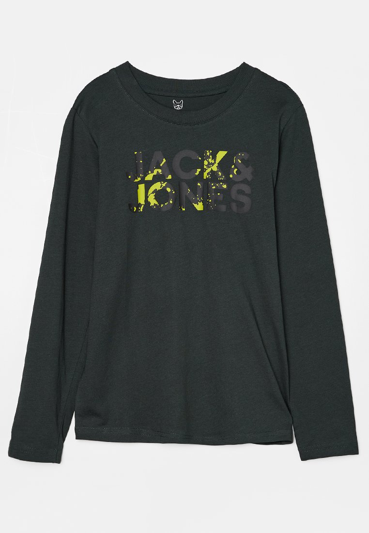 Camiseta de algodón de manga larga negra con el logotipo amarillo y gris de "JACK & JONES" impreso en el pecho, cuello redondo y corte relajado.