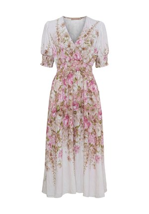 Hvid midikjole med pink og beige blomsterprint, V-hals, ballonærmer og smockdetalje i taljen.