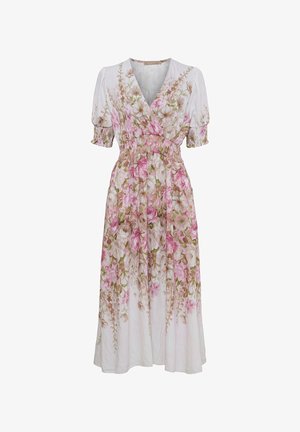 Hvid midikjole med pink og beige blomsterprint, V-hals, ballonærmer og smockdetalje i taljen.