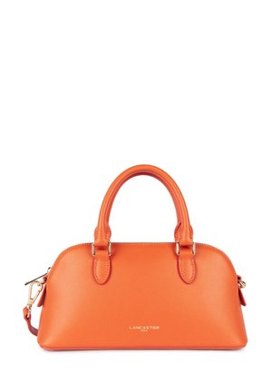 Orange leather handbag with a structured design, dual top handles, gold hardware accents, and a zip closure. Textured finish and logo detail.