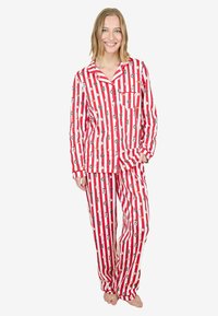 Rote und weiße gestreifte Pyjamas mit weihnachtlichen Mustern, aus weichem Stoff gefertigt. Enthält ein Hemd mit Kragen und passende Hose.
