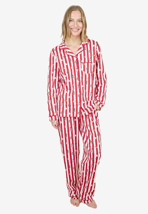 Rote und weiße gestreifte Pyjamas mit weihnachtlichen Mustern, aus weichem Stoff gefertigt. Enthält ein Hemd mit Kragen und passende Hose.