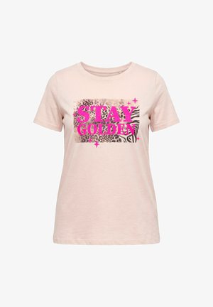 Hellrosa Kurzarm-T-Shirt mit fettem pinkfarbenem Schriftzug "STAY GOLDEN" vor einem rechteckigen Hintergrund mit gemischtem Tiermuster.