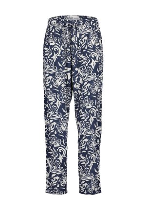 Navyblaue Hose mit weißem Blumenmuster, elastischer Taille und vorderem Kordelzug, gerade Beinform.