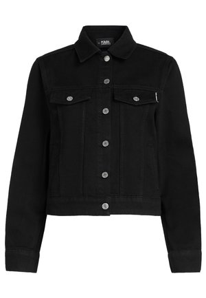Zwarte denimjas met lange mouwen, knoopsluiting aan de voorkant, twee borstzakken met klep en een puntige kraag.