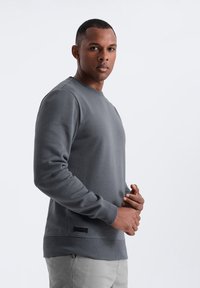 Sweat-shirt gris avec un col rond, des poignets et un ourlet côtelés, présentant une petite étiquette noire sur le côté gauche près du bas.