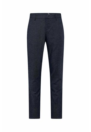 Marineblauwe broek, slim fit, met een gestructureerde stof en een subtiel patroon, voorzien van een standaard tailleband en rechte pijpen zonder zichtbare hardware.
