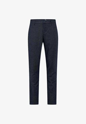 Navy blue trousers, tailored fit, textured fabric with a subtle pattern, featuring a standard waistband and straight legs with no visible hardware.