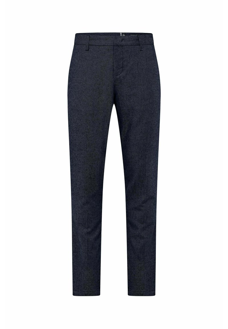 Pantaloni blu navy, vestibilità slim, tessuto strutturato con un motivo sottile, dotati di una vita standard e gambe dritte senza hardware visibile.
