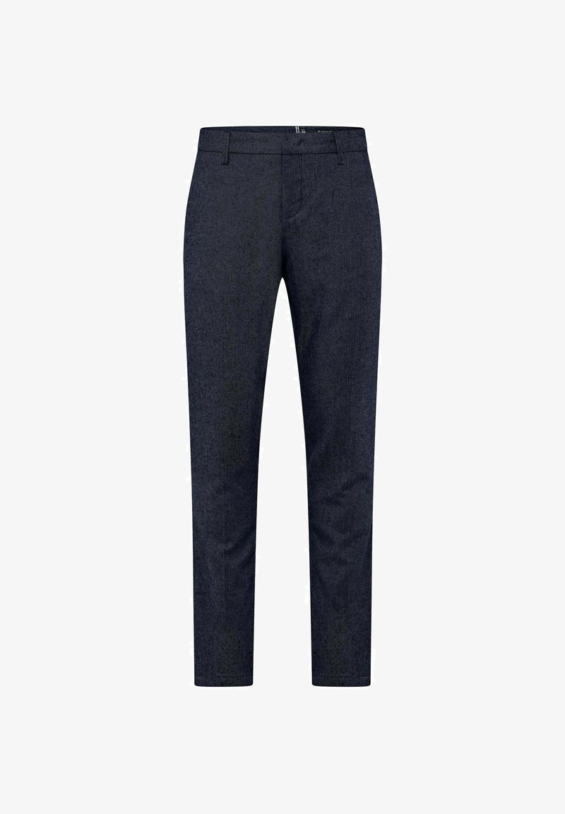 Marineblauwe broek, slim fit, met een gestructureerde stof en een subtiel patroon, voorzien van een standaard tailleband en rechte pijpen zonder zichtbare hardware.