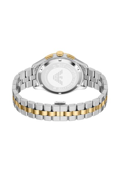 Edelstahluhr mit silber-goldenem Gliederarmband, rundem Gehäuse, goldener Krone und einem spiegelnden Boden mit eingravierten Details.