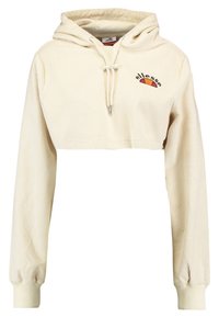 Beige zkrácená mikina s hladkým vzorem, kapucí se stahovací šňůrkou, dlouhými rukávy a malým barevným logem ellesse na levé hrudi.