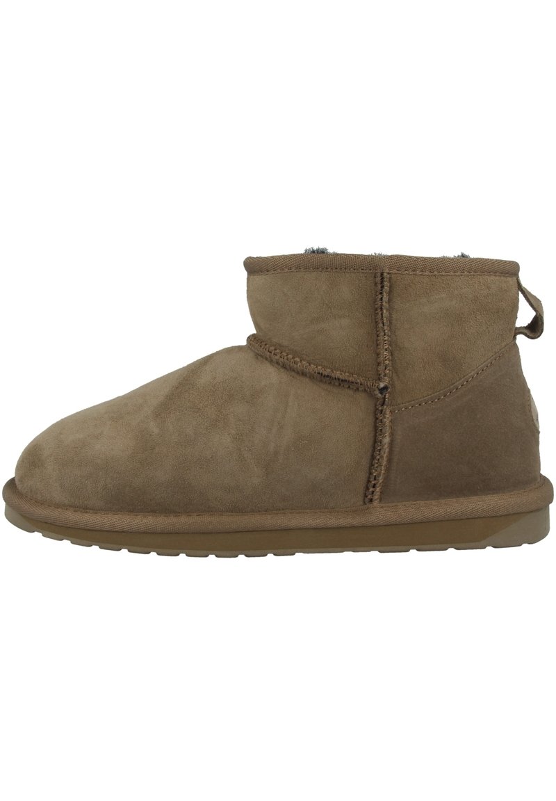 Stivaletti alla caviglia in suede marrone con punta rotonda, dettagli cuciti e linguetta sul retro. Suola piatta in gomma per comfort e stabilità.