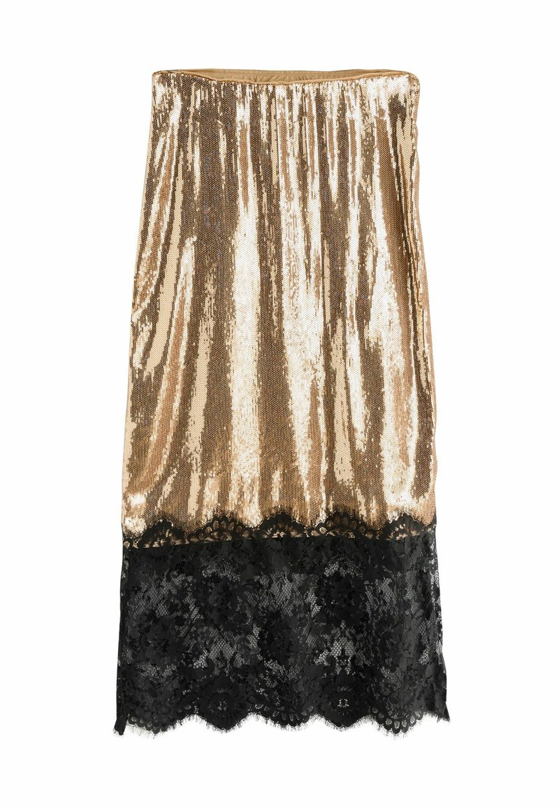 Goldener Pailettenrock mit einem schwarzen Spitzenabschluss. Elastischer Bund, gerader Schnitt und strukturierte Pailletten sorgen für ein glänzendes Finish.