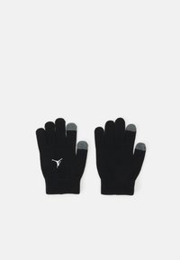 Black knit gloves with a ribbed cuff. Grey tips on thumb and index fingers. Features a white logo on the wrist area.