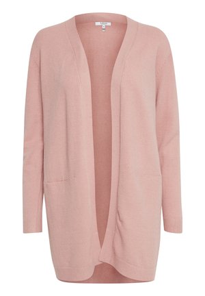 Light pink long cardigan made of soft knit fabric. Open front design with two front pockets and ribbed cuffs. Smooth texture, relaxed fit.