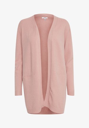 Lichtroze lange cardigan van zacht breiwerk. Ontwerp met een open voorkant en twee voorkzaken met ribgebreide manchetten. Glad oppervlak, relaxed fit.