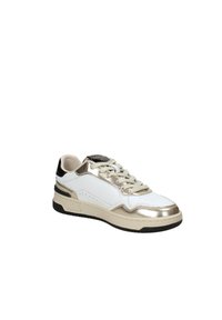 Sneaker bianco e oro con tomaia in pelle liscia, dettagli metallici, punta rotonda, chiusura con lacci e suola in gomma nera.