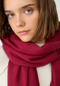 Sciarpa in lana bordeaux con una texture morbida, poggiata attorno al collo, caratterizzata da un design spesso e accogliente. Finitura liscia con dettagli minimi.