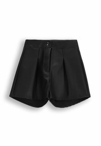 Czarne szorty wykonane z gładkiego, syntetycznego materiału. Posiadają pliski z przodu, zapięcie na guzik oraz zaokrąglone krawędzie.