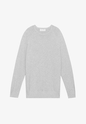 Lys grå genser laget av strikket stoff, med rund hals, lange raglanermer og ribbede mansjetter og kant.