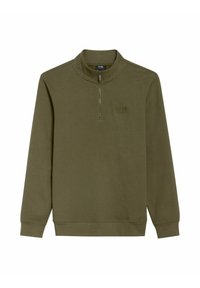 Oliwkowa bluza z długim rękawem, z suwakiem na ćwiartkę i małym haftowanym logo po lewej stronie klatki piersiowej.