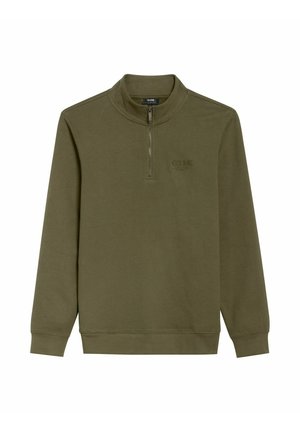 Oliwkowa bluza z długim rękawem, z suwakiem na ćwiartkę i małym haftowanym logo po lewej stronie klatki piersiowej.