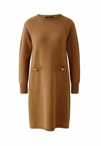 Braun gestricktes Kleid mit Rundhalsausschnitt, langen Raglanärmeln, zwei Fronttaschen und dekorativen Knopfdetails an den Taschen.