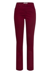 Jeans droite bordeaux en tissu mélangé de coton. Comprend quatre poches et une fermeture à bouton à l'avant. Texture lisse, sans motifs.